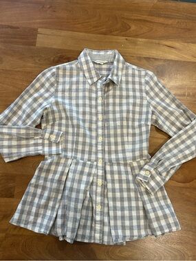 Tylho Gingham Button-Up Shirt w/ Pleated waist in Grey and White Size XS